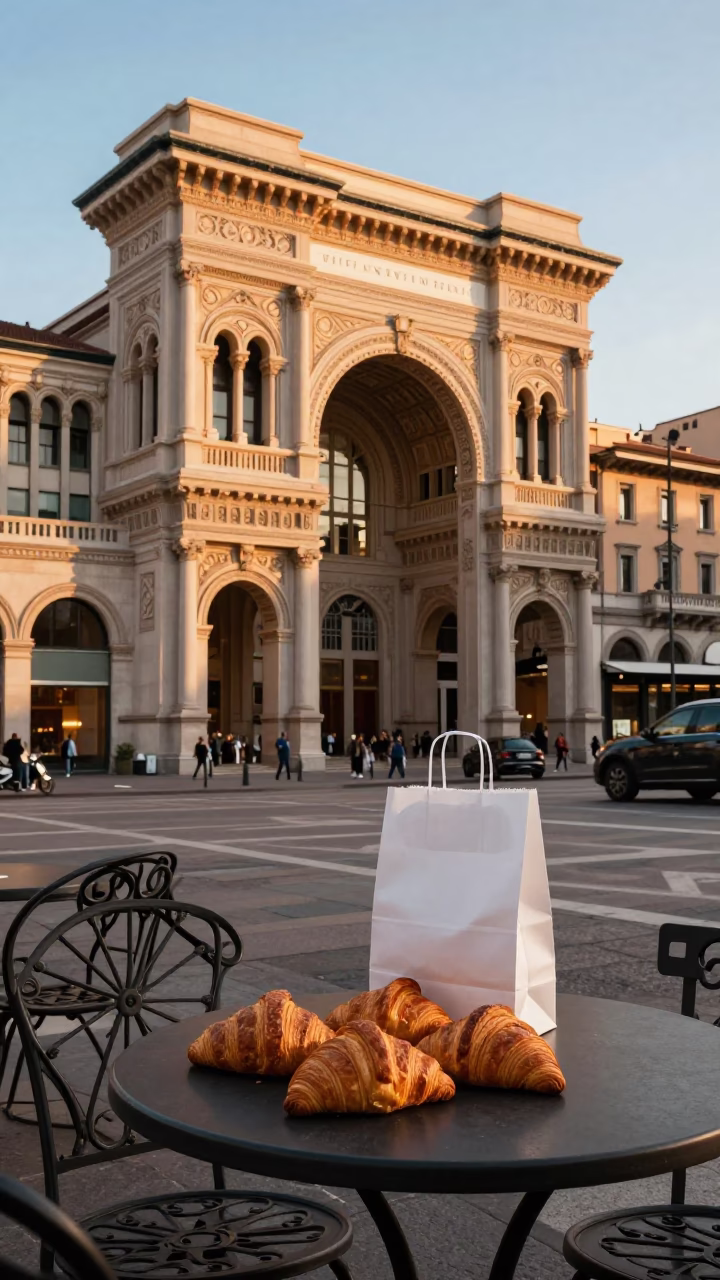 Milan Sunset Street Scene with Fresh Croissants and Art Deco Cinema Facade in in Milan, Italy