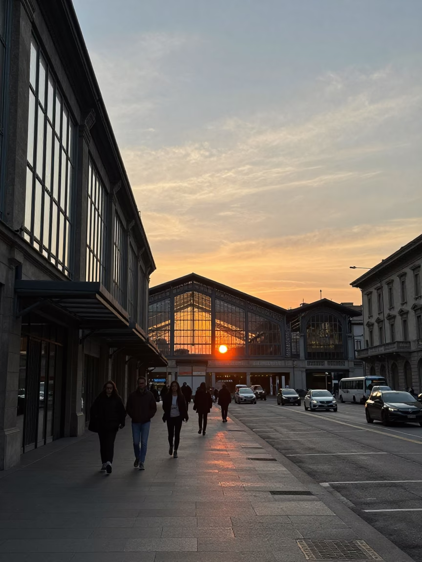 Milan Sunset Street Scene with Glass Steel Station and Local Food in in Milan, Italy