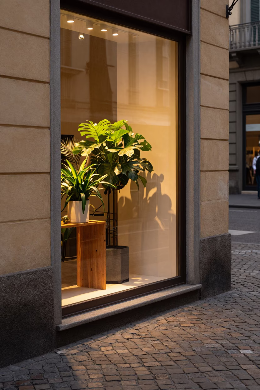 Milan Sunset Street Scene with Papyrus Plants and Houseplant in Shop Window in in Milan, Italy