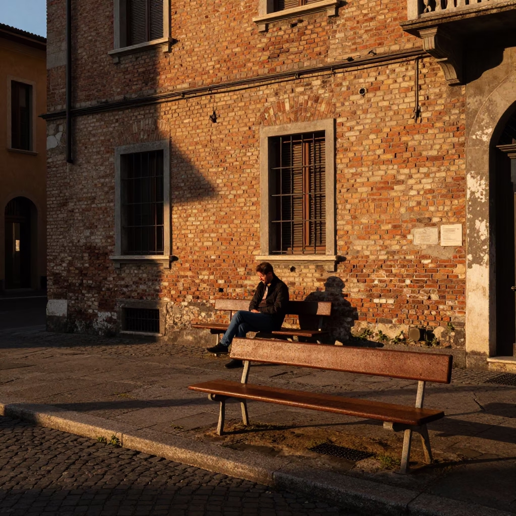 Milan Sunset Street Scene with Rusty Bench and German Shepherd Dog in in Milan, Italy