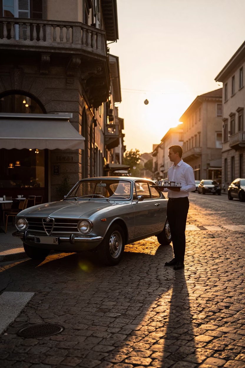 Milan Sunset Street Scene with Vintage Car and Coffee Cup in in Milan, Italy