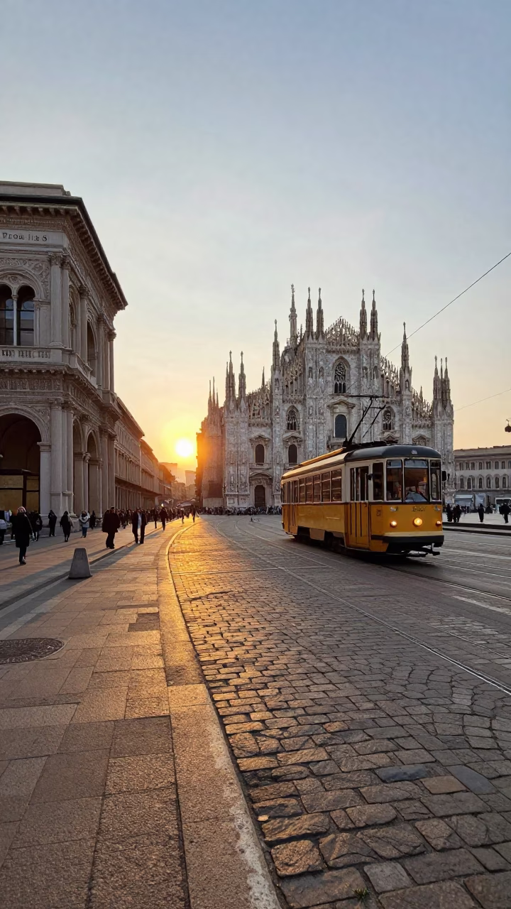 Milan Sunset View of Historic Tram Lines and Urban Architecture in in Milan, Italy