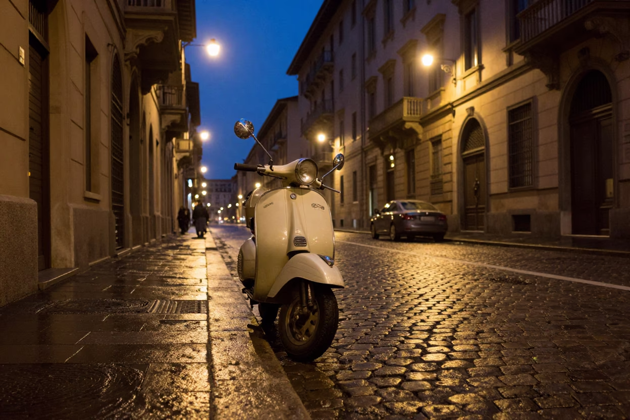 Milan Twilight Street Scene with Cobblestones and Vintage Scooter Near Duomo Cathedral in in Milan, Italy