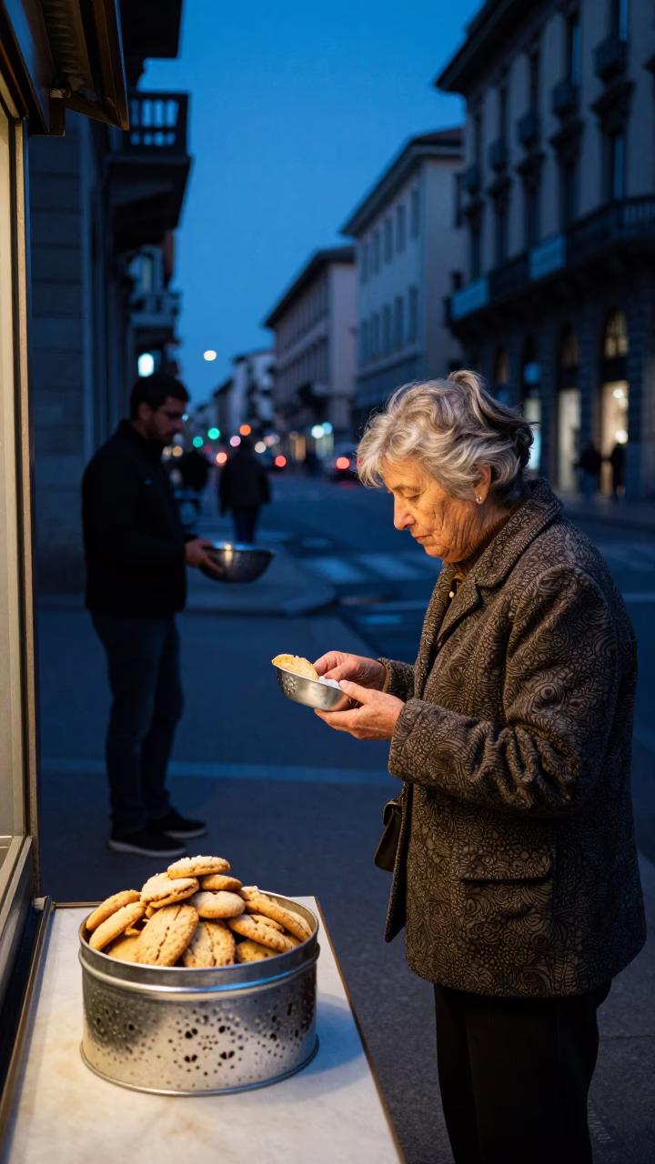 Milan Twilight Street Scene with Cookie Tin and Colander on Balcony in in Milan, Italy