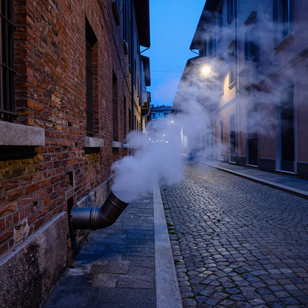 Milan Twilight Street Scene with District Heating Pipe Steaming Behind Frost Coated Fencing in in Milan, Italy