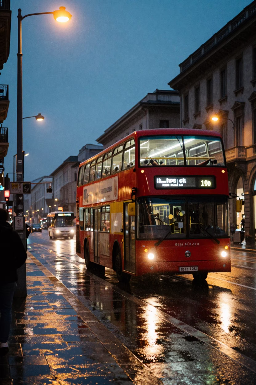 Milan Twilight Street Scene with Double Decker Bus and Rainy Bus Stop in in Milan, Italy