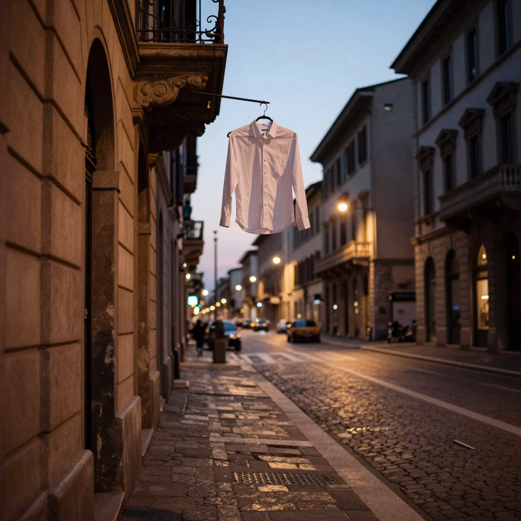 Milan Twilight Street Scene with Shirt Hanger and Urban Details in in Milan, Italy