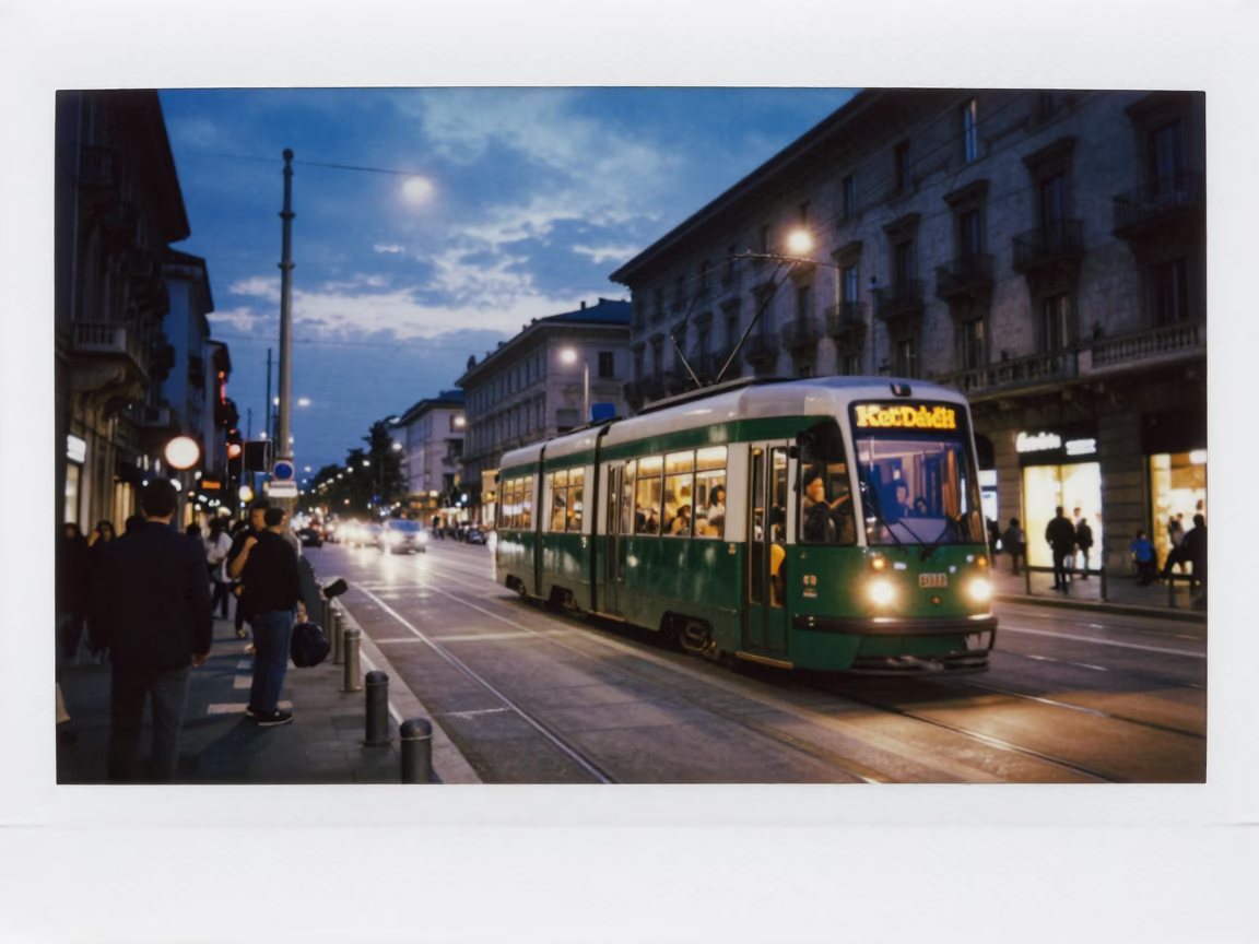 Milan Twilight Street Scene with Tramcar and Local Life in Italy in in Milan, Italy