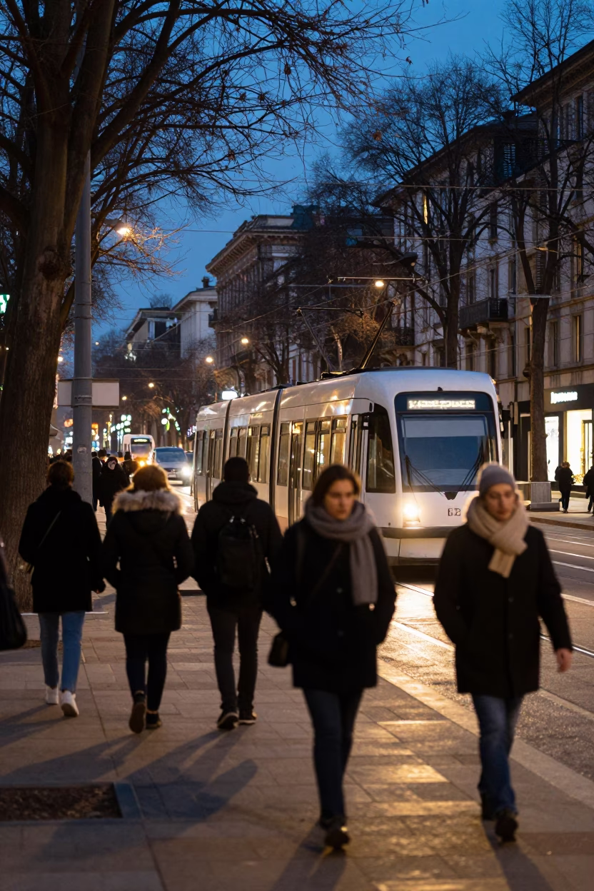 Milan Twilight Street Scene with Tramcar on Tree-Lined Boulevard and Wool Scarves in in Milan, Italy