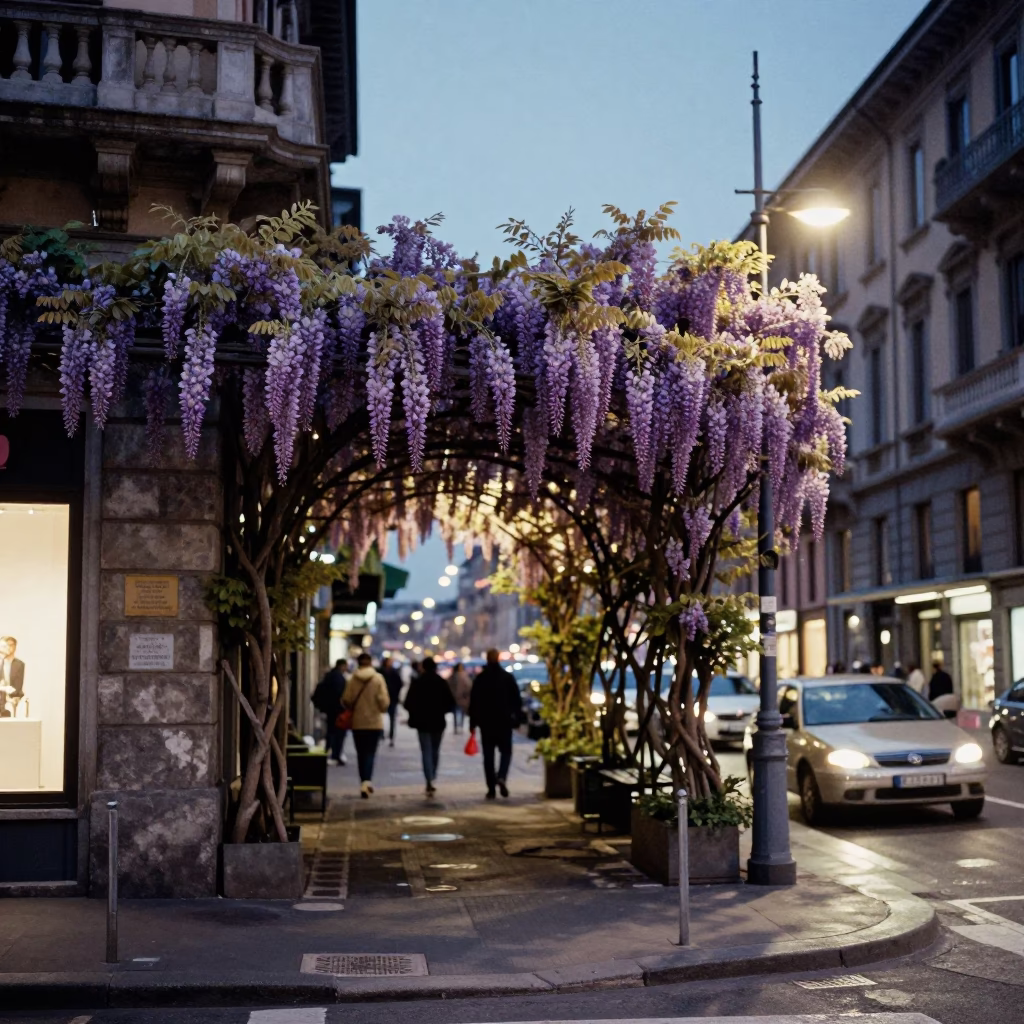 Milan Twilight Street Scene with Wisteria Tunnel and Urban Details in in Milan, Italy