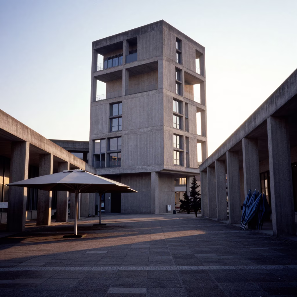 Milan University Courtyard Umbrellas and Brutalist Concrete at Sunrise in in Milan, Italy
