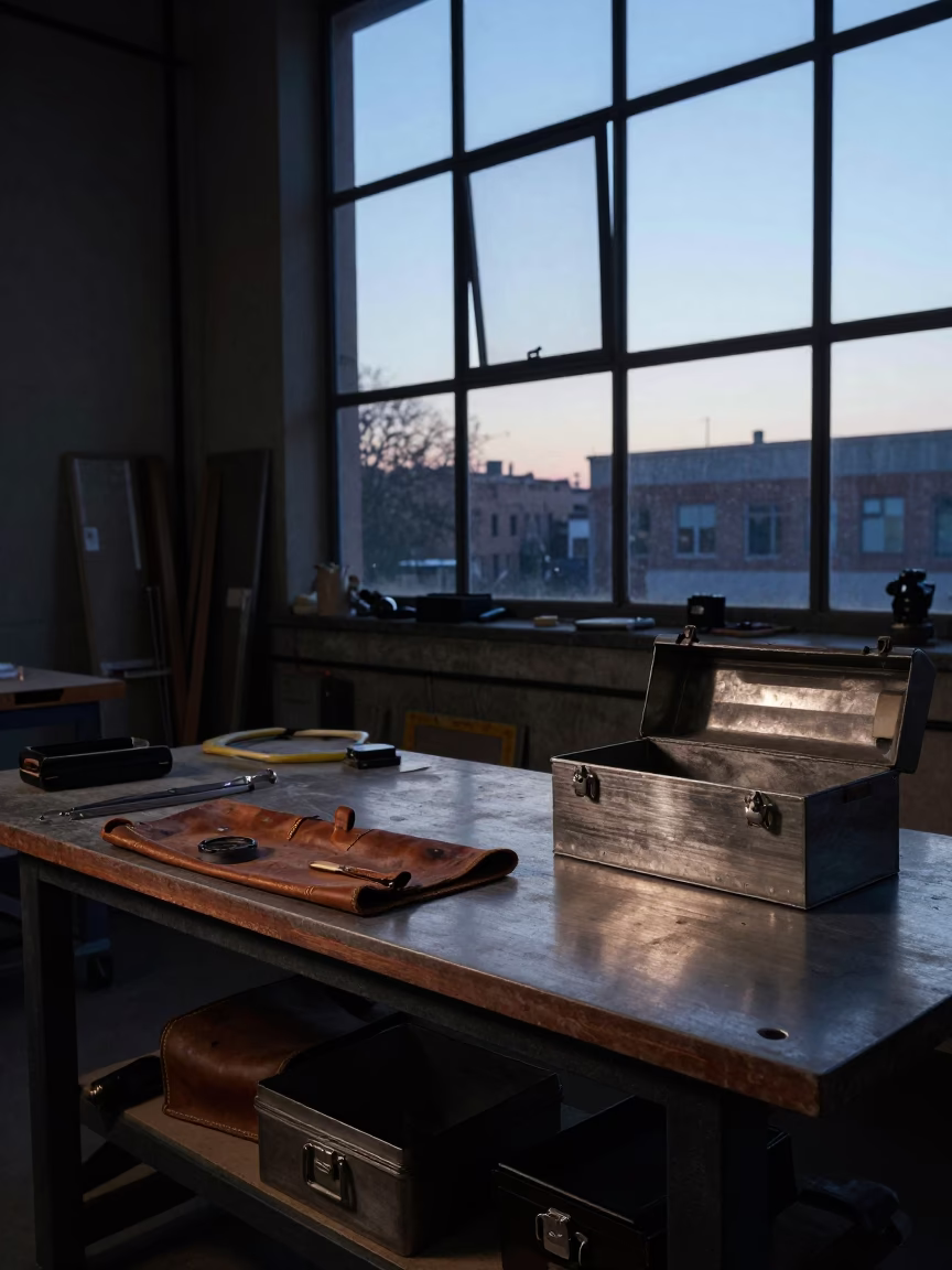 Milan Workshop Interior Before Dawn with Brushed Steel and Rusty Tools in in Milan, Italy
