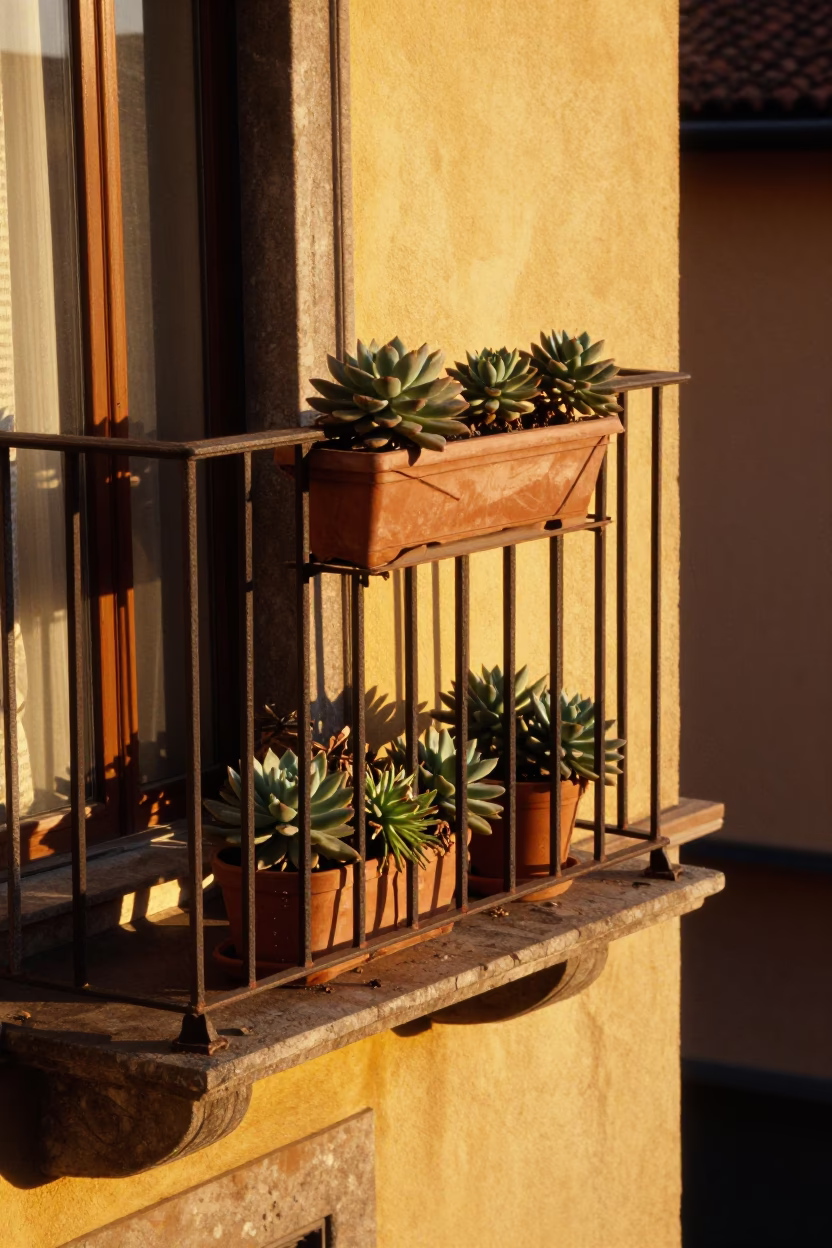 Milanese Balcony in Honeyed Evening Light with Potted Succulents and Wool Scarves in in Milan, Italy