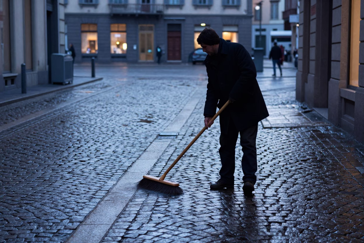 Milanese Barista Sweeping Cobblestones Before Dawn Light in in Milan, Italy