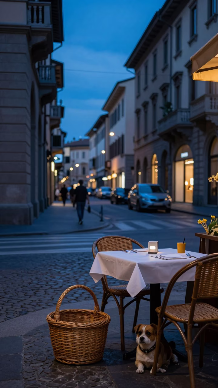 Milanese Bistro Evening Indigo Twilight with Wicker Basket and Small Dog in in Milan, Italy