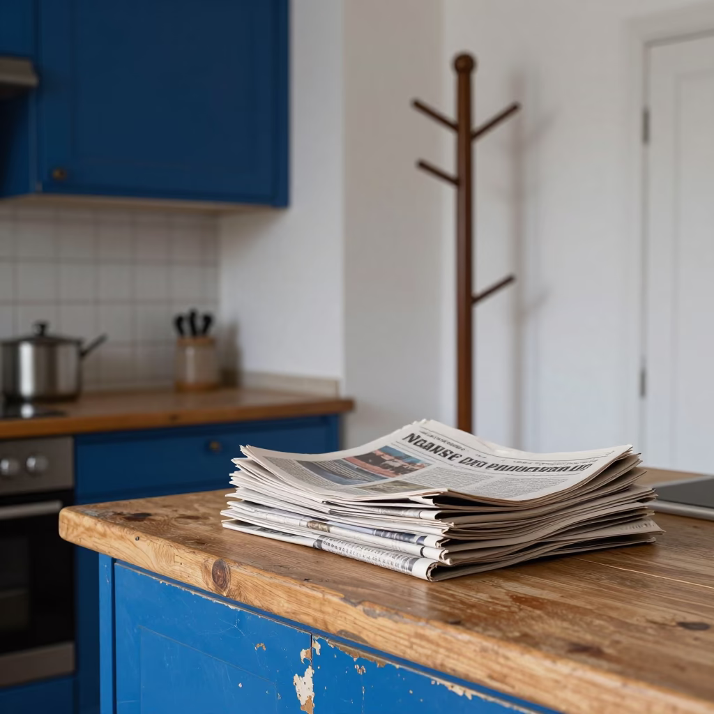 Milanese Kitchen Interior with Chipped Blue Enamel and Newspaper Stack in in Milan, Italy