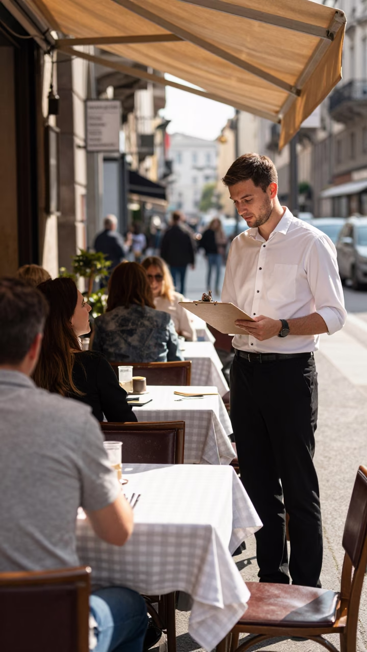 Milanese Street Cafe Scene with Clipboard and Tablecloth in Late Afternoon Light in in Milan, Italy