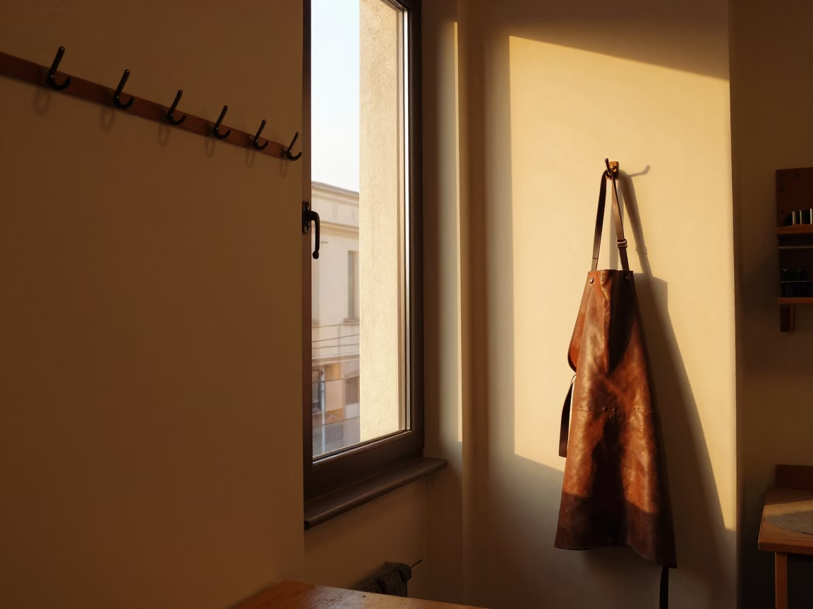 Milanese Workshop Interior with Wall Hooks and Paint Swatches in Evening Light in in Milan, Italy