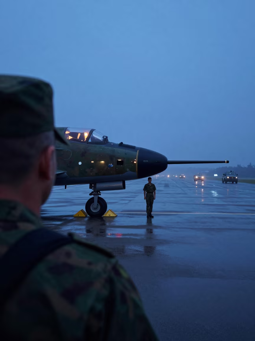 Military Airbase Flight Line Blue Hour Chocks in beside a convoy halt on open ground in Dominican Republic