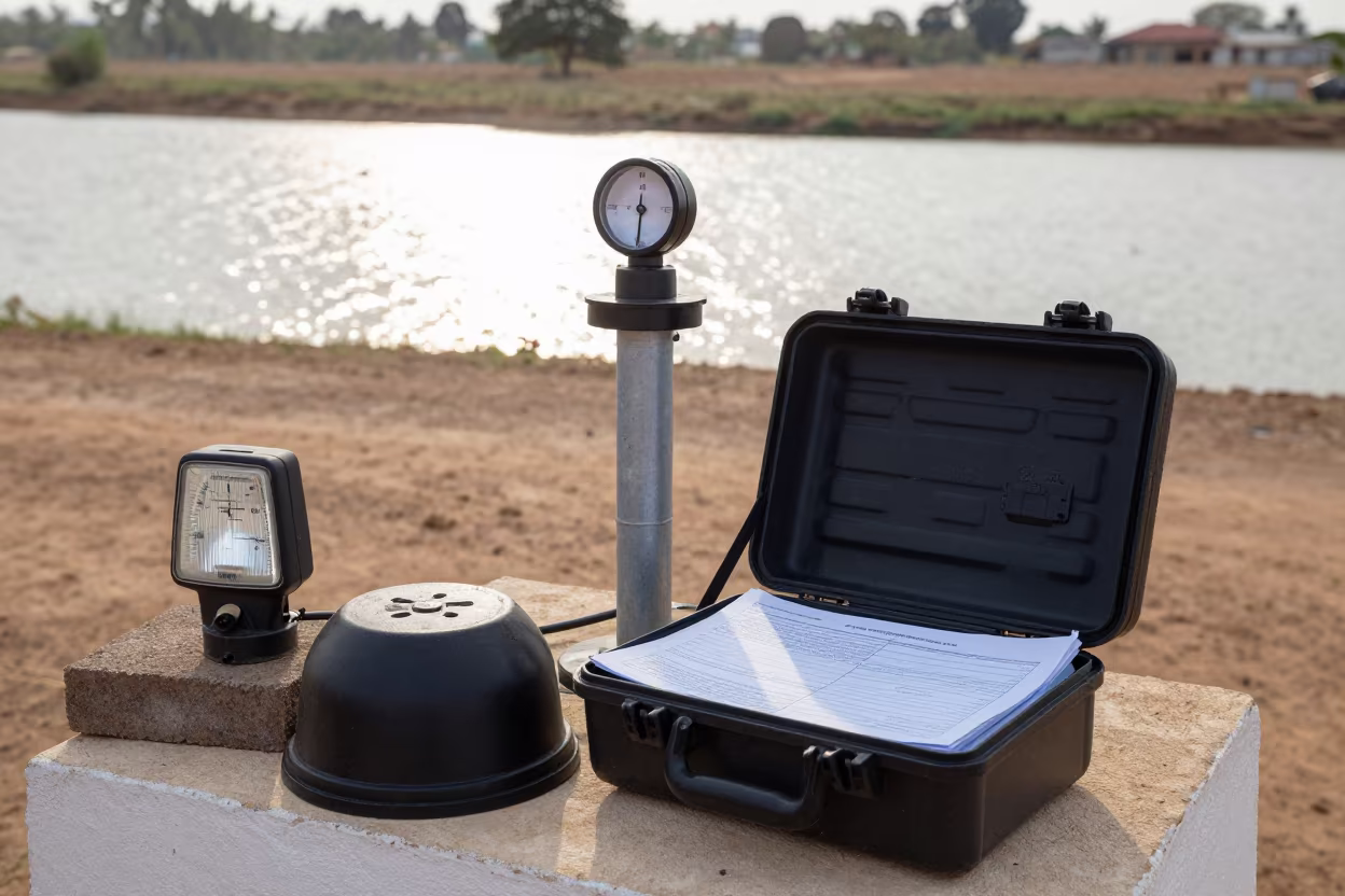 Military Anemometer Case Under Cinderblock Light in beside a convoy halt on open ground in Kasama