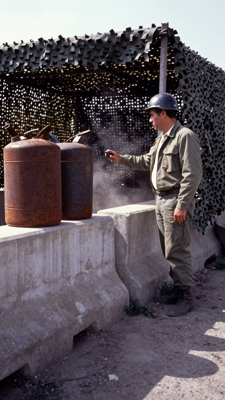 Military Barrier and Fuel Cans in Chilean Dust in beneath a camouflage net shelter in Chile
