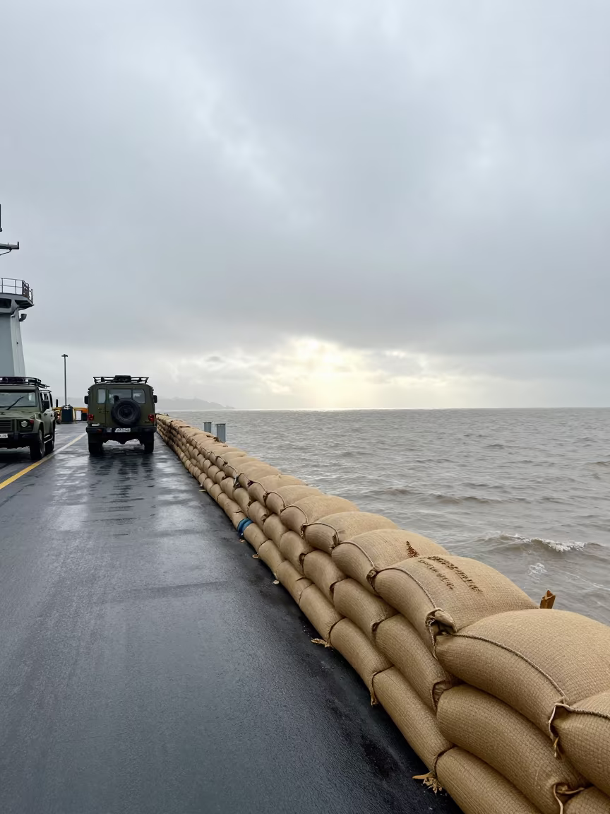 Military Barrier With Sandbags On Naval Deck in on a naval deck in rough wind in Bhutan