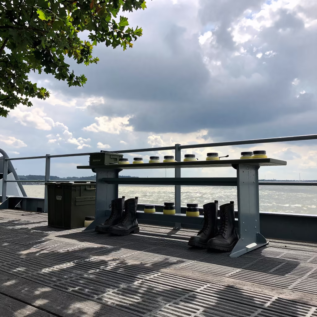 Military Boot Polish Bench Low Angle View in on a naval deck in rough wind in Hungary