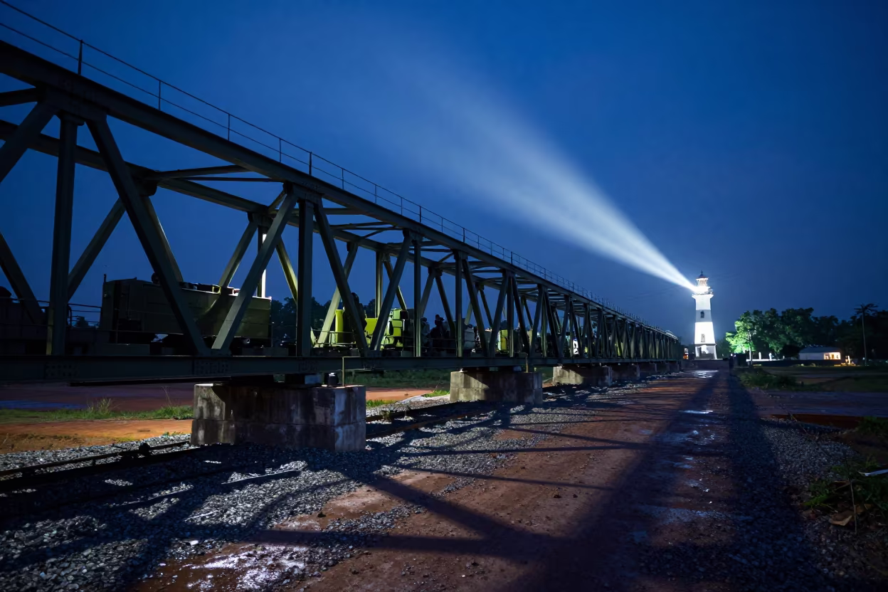 Military Bridge Section on Parade Ground at Midnight in on a parade ground in Sittwe