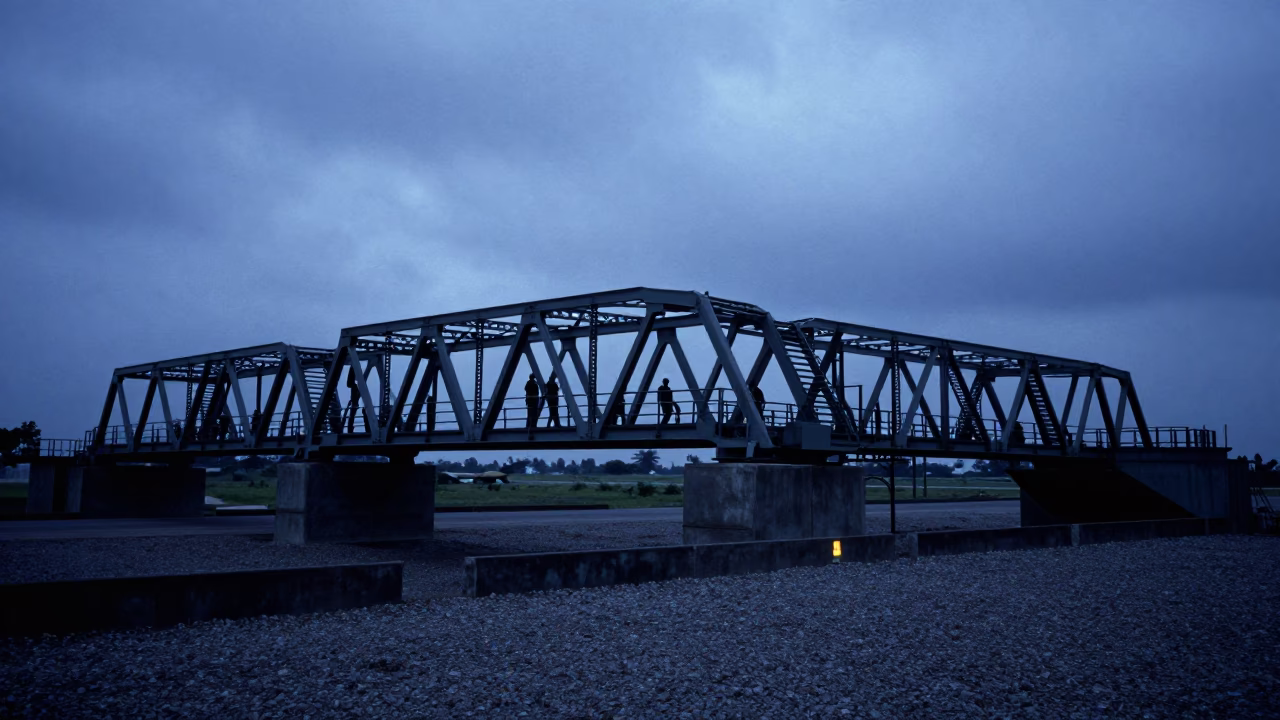Military Bridge Section Silhouetted at Tanzanian Airbase Twilight in along an airbase flight line in Tanzania
