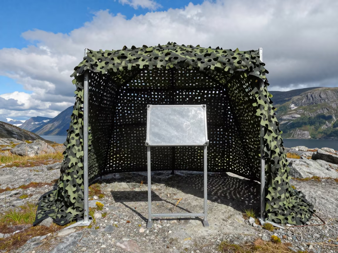 Military Briefing Stand Under Camo Net in Norway Fjords in beneath a camouflage net shelter in the Fjords of Norway