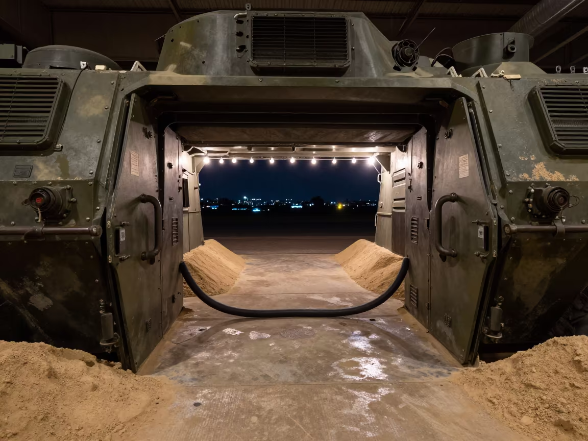 Military Bunker Entrance Mexico City Lights in in an armored vehicle bay in Mexico