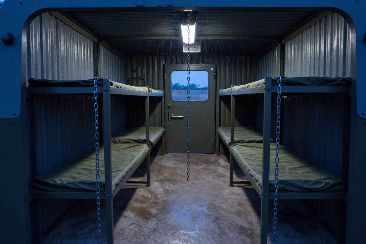 Military Bunks in Namibian Armored Bay at Blue Hour in in an armored vehicle bay in Namibia