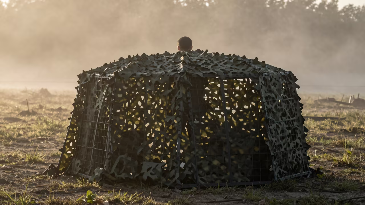 Military Cage Under Camo Net Before Sunrise in beneath a camouflage net shelter in France