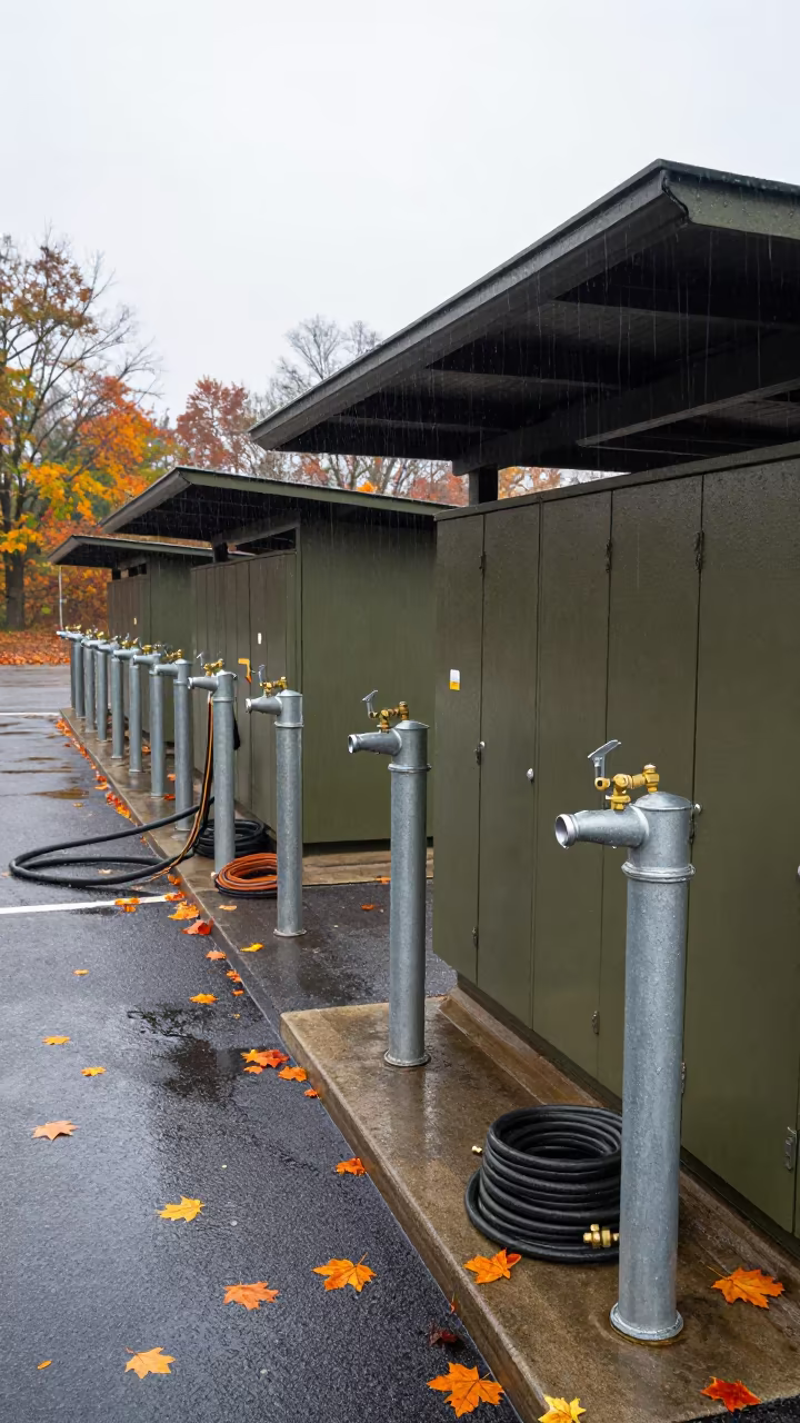 Military Canteen Refill Station Autumn Drizzle in at a checkpoint lane in Connecticut