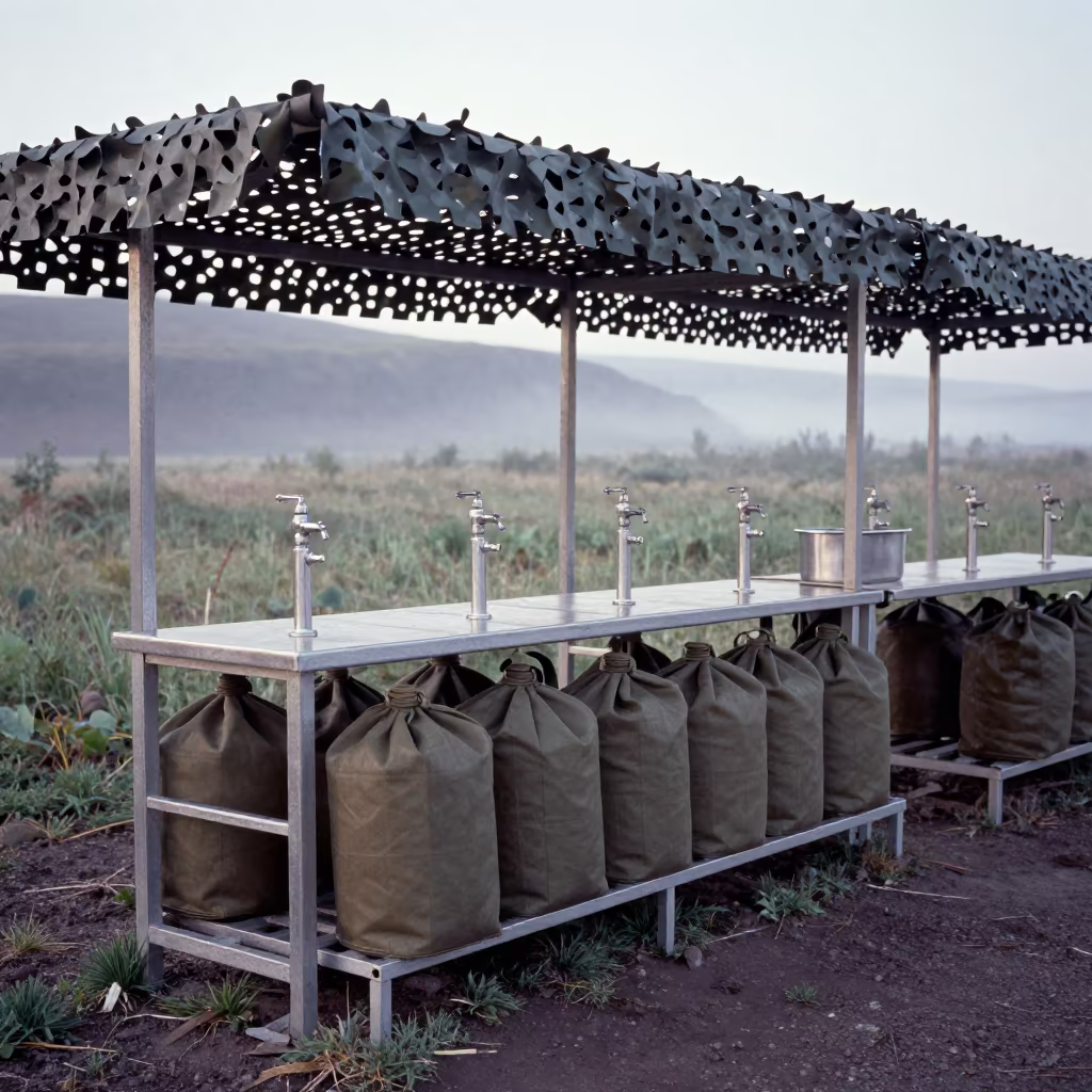 Military Canteen Refill Station Under Camo Net in beneath a camouflage net shelter in Kamchatka