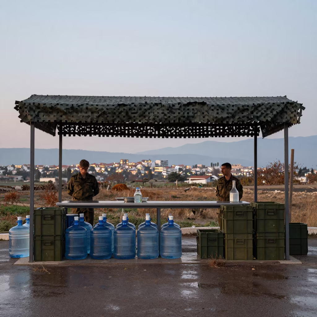 Military Canteen Station Under Camo Net at Dusk in beneath a camouflage net shelter near Antalya