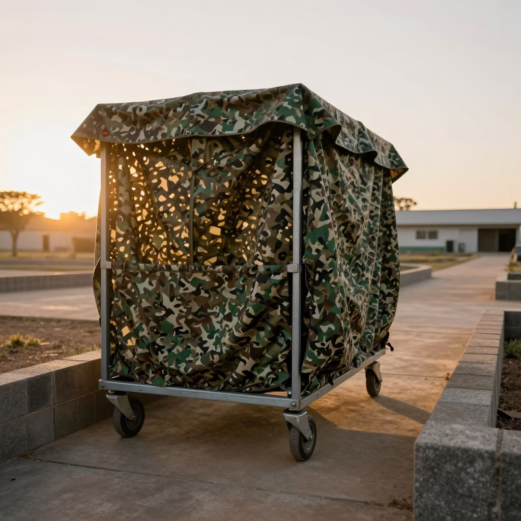 Military Cart Under Camo Net in Luanda in beneath a camouflage net shelter in Luanda