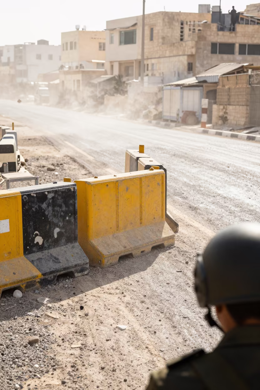 Military Checkpoint Barrier Amid Dust in Amman in beside a convoy halt on open ground in Amman