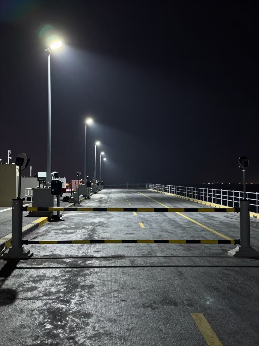 Military Checkpoint Silhouette on Naval Deck at Night in on a naval deck in rough wind in Qatar