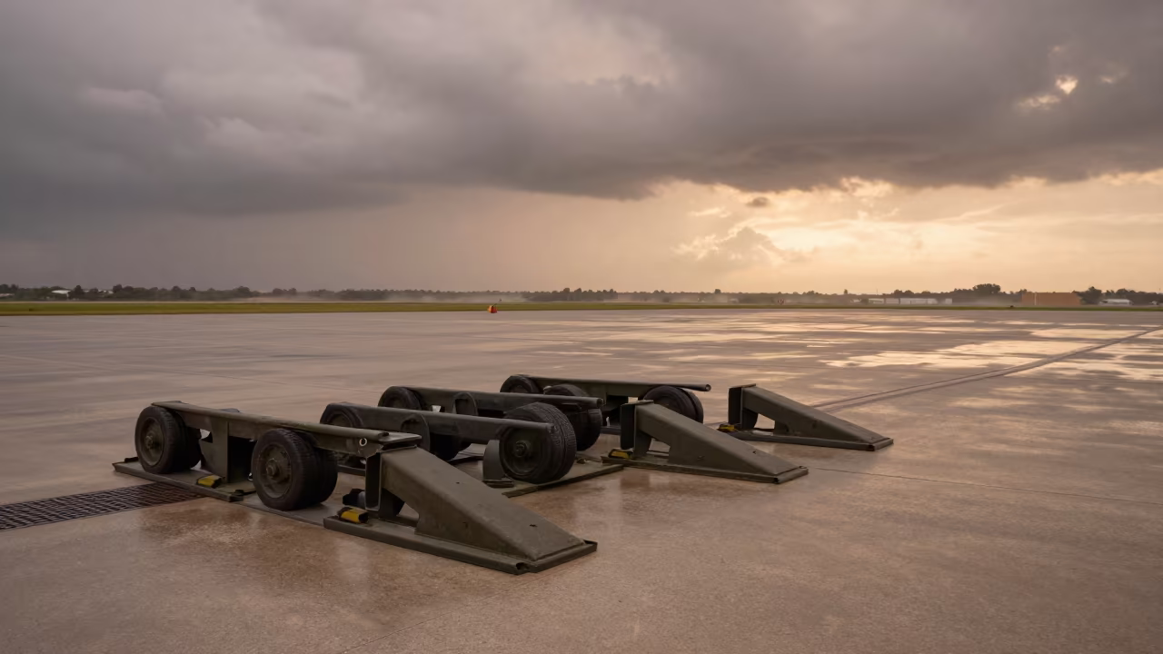 Military Chock Rack on Airbase Before Dusk in along an airbase flight line near Mallawi
