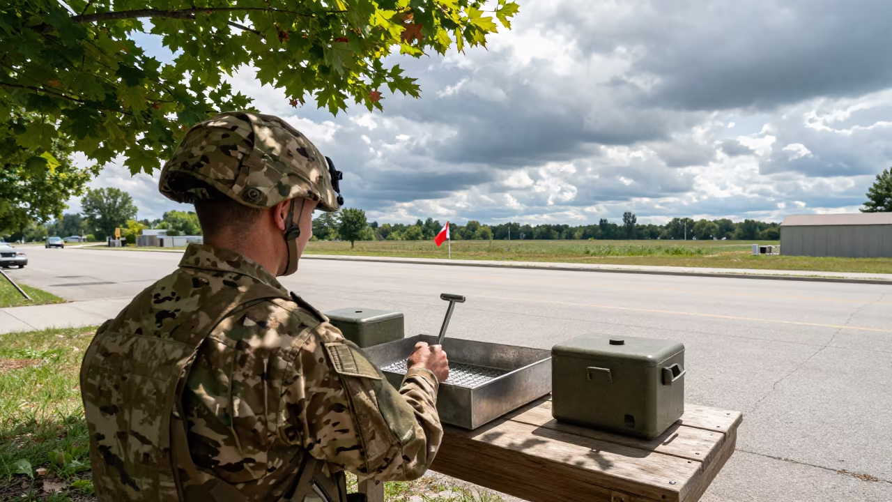 Military Clicker Tray Maintenance at Ontario Checkpoint in at a checkpoint lane in Ontario