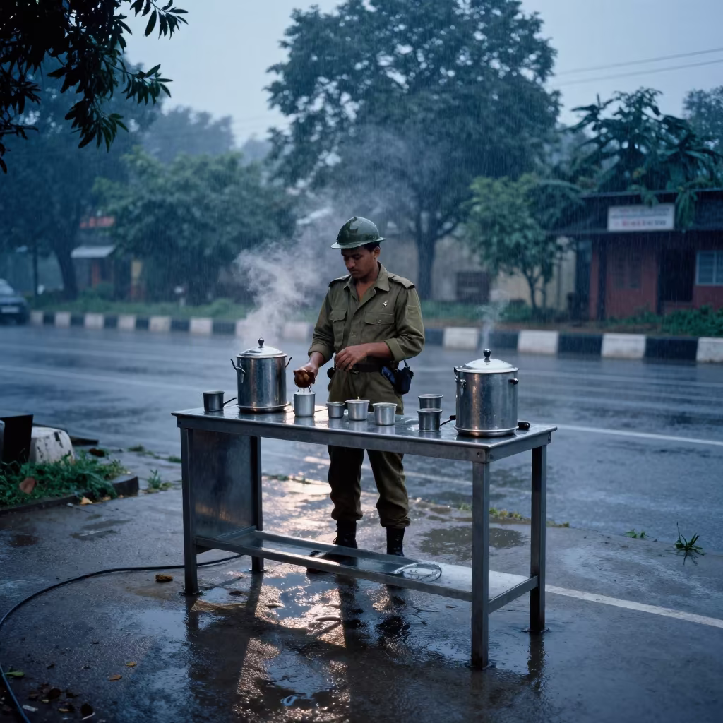 Military Coffee Urn Station Morning Rain in at a checkpoint lane near Indore