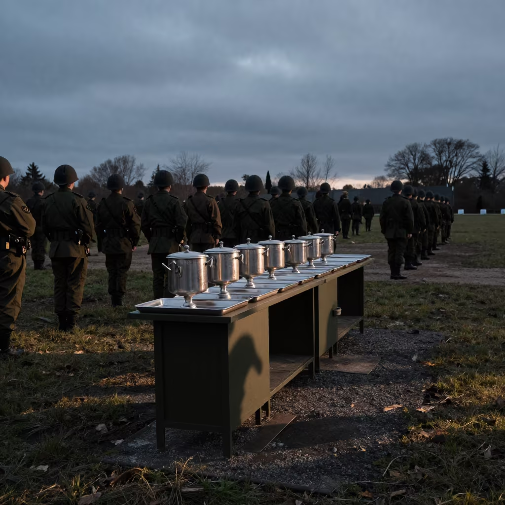 Military Coffee Urn Station Morning Shadow in on a parade ground near Valera