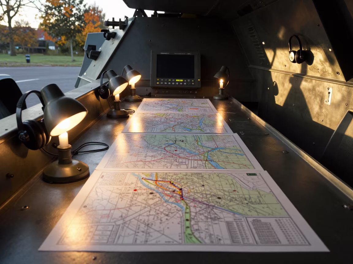 Military Command Post Inside Armored Vehicle Bay in in an armored vehicle bay near Hamburg
