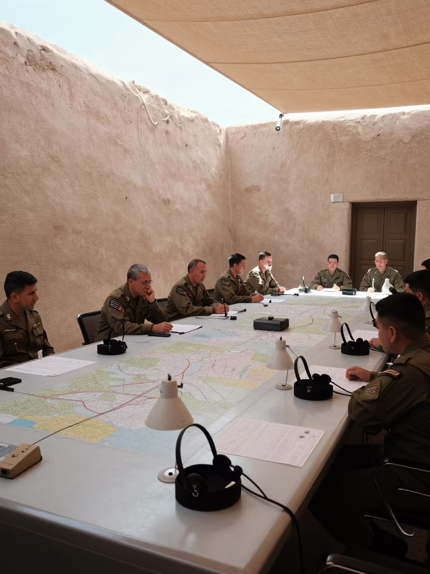Military Command Post Map Table Midday Light in inside a briefing room in Arequipa