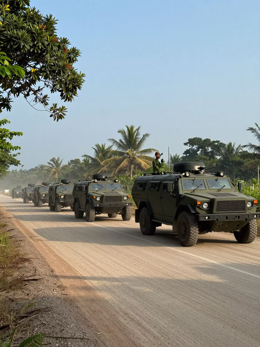 Military Convoy Paused on Borneo Dust Road at Dawn in beside a convoy halt on open ground in Borneo