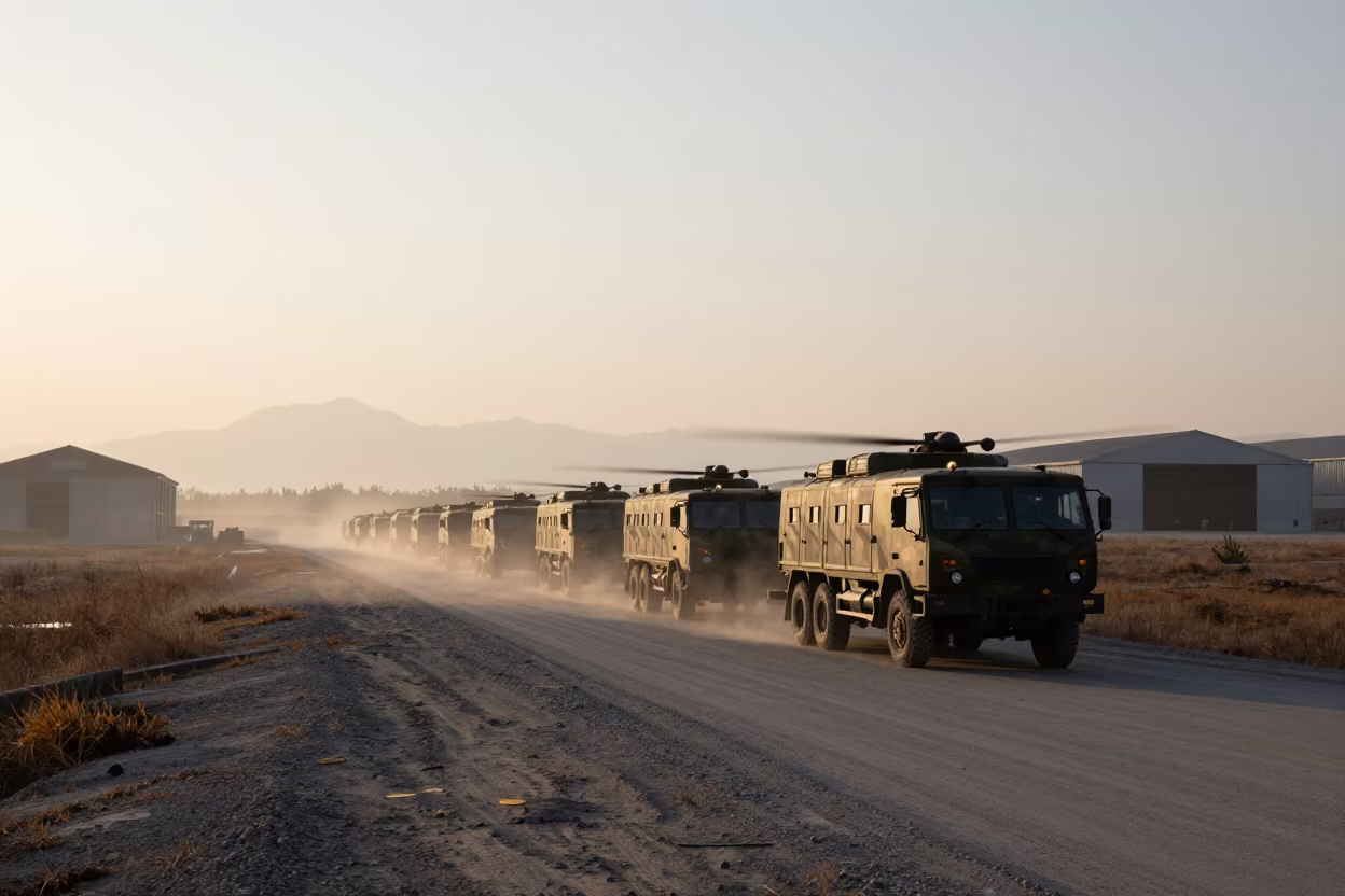 Military Convoy at Dawn on Zhangjiajie Airbase Road in along an airbase flight line in Zhangjiajie