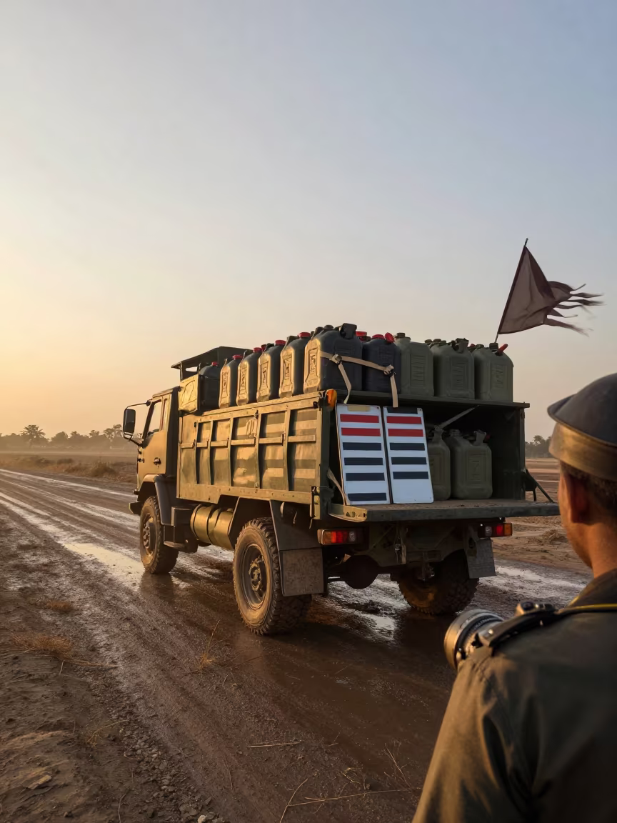 Military convoy halt golden hour Surat in beside a convoy halt on open ground near Surat