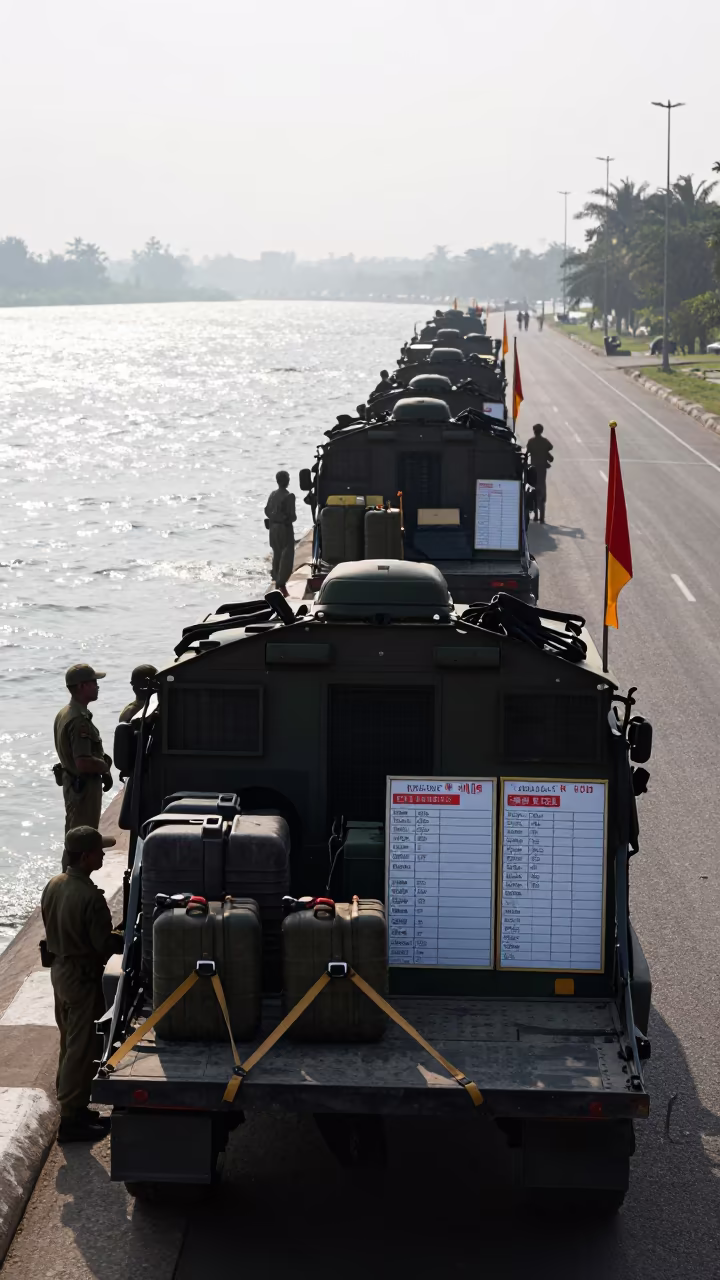 Military convoy halt Karachi airbase midday dust in along an airbase flight line in Karachi