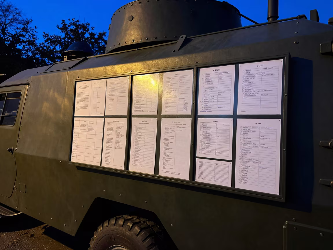 Military Vehicle Convoy Manifest Board in Berlin Bay in in an armored vehicle bay near Prenzlauer Berg, Berlin
